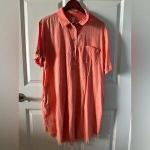 Zenana Linen Blend Tunic Top Coral Frayed Hem Beachy Shirt XL